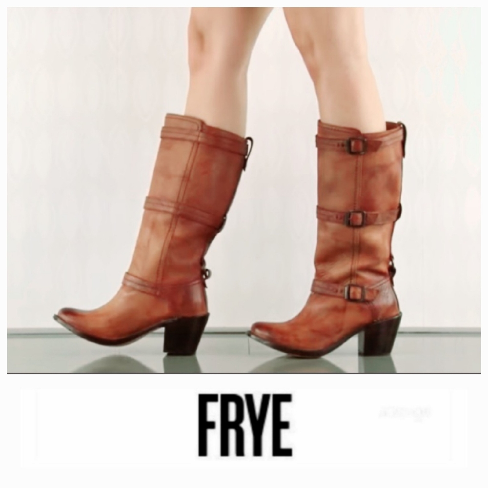 Western Chic Frye Cognac Leather Three Buckle Boots